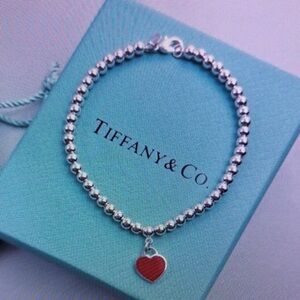 Tiffany & Co Silver Beaded Bracelet with Red Heart Charm